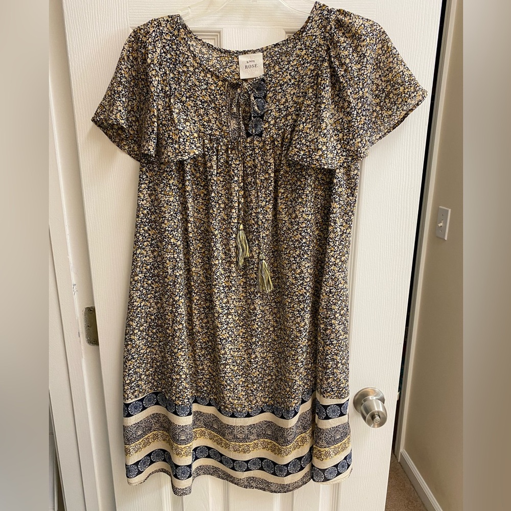 Knox Rose Blue yellow Floral Dress Women’s size Medium Tasseled